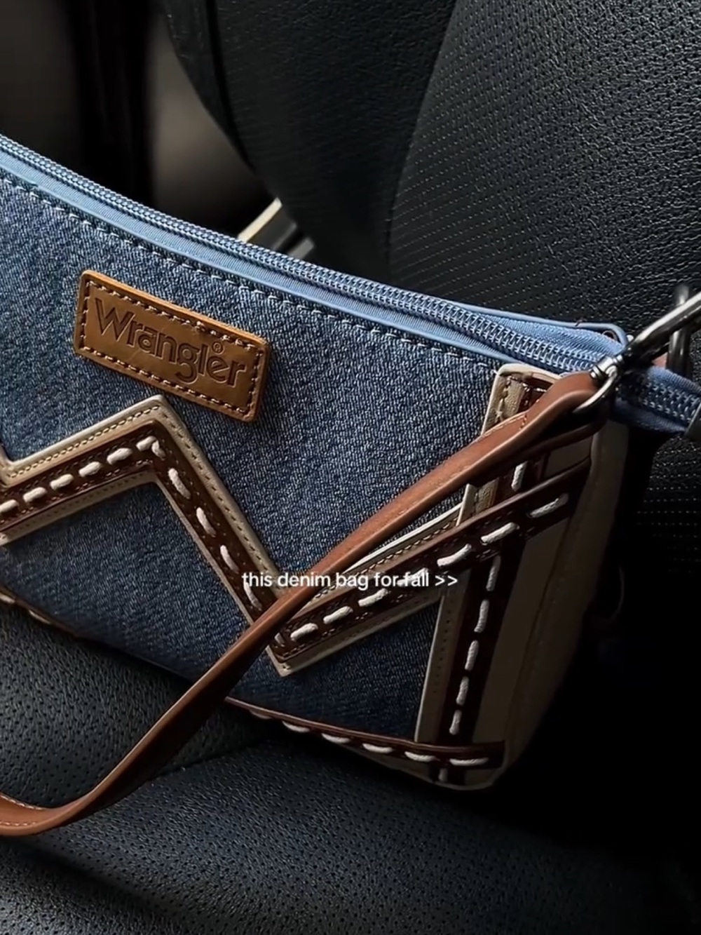 Wrangler Denim Shoulder Bag with Chevron Stitching in Blue and Brown - Picture 4 of 6